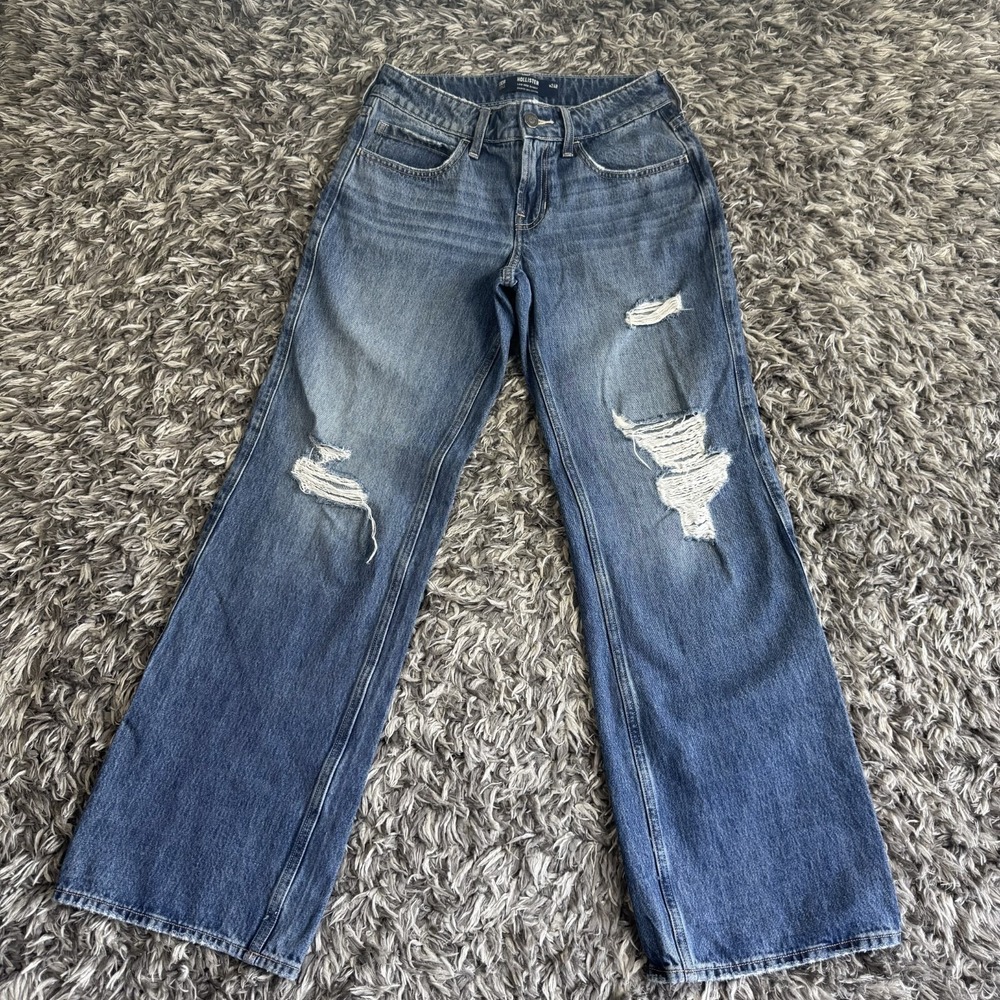 Hollister Low Rise Baggy Jeans W24R Blue Distressed Ripped Wide Leg 100% Cotton